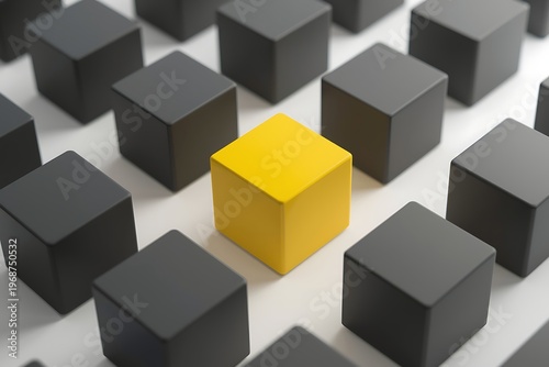 AI Generative Modern Abstract Composition Featuring Single Yellow Cube Among Gray Cubes in