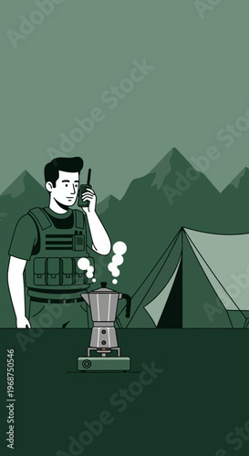 Tactical Outdoorsman Enjoys Morning Coffee While Communicating