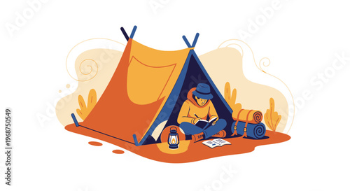 Solo Camper Enjoying Quiet Moments Reading Inside Cozy Tent
