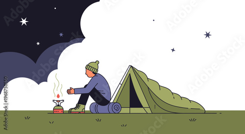 Solo Camper Warming Hands By Camp Stove Under Starry Night Sky