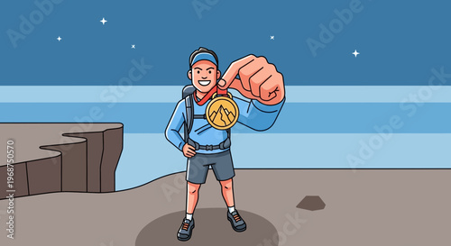 Summit Champion Celebrating Victory in a Stunning Mountain Landscape At Dusk