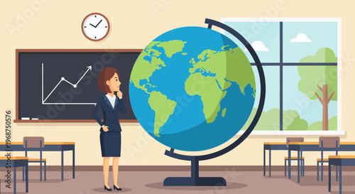 Teacher Contemplating Global Education And Business Growth On A Bright School Day