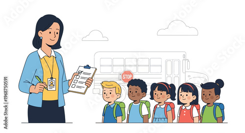 Teacher Checking Students Boarding School Bus