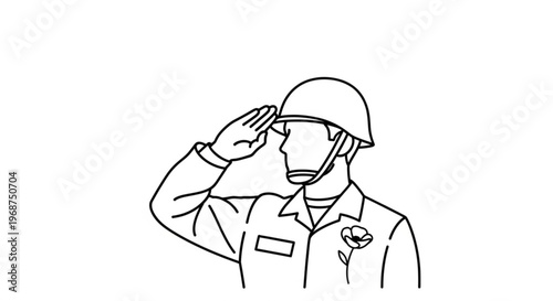 A soldier in a military uniform salutes with a flower on his lapel in a simple line art style