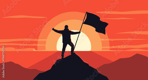 Silhouette Of A Person Standing At The Summit With A Flag
