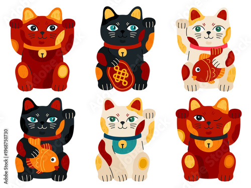 Lucky cats, Maneki neko. Collection of japanese figurines, cute cartoon Asian characters, fortune symbol. Red, black and white porcelain kittens with waving paws, symbol of money, prosperity, wealth.