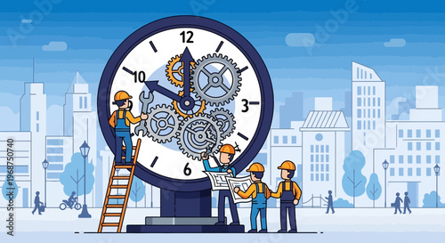 Team Collaboration Assembling A Giant Clock Mechanism In Urban Setting