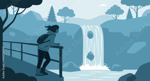 Solo Explorer Admiring Majestic Waterfall Vista With Serene Natural Beauty