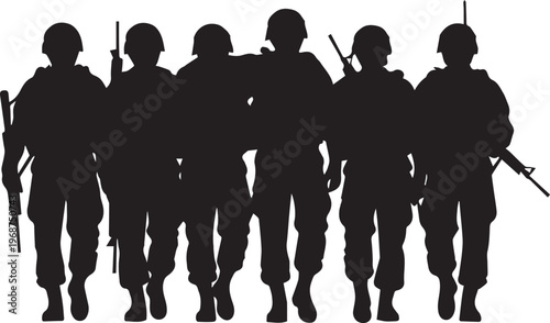 Group of military soldiers in vector silhouette illustration with weapons