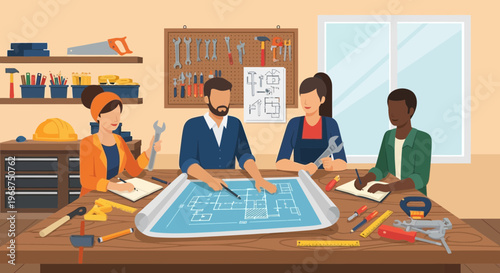 Team Collaboration On Blueprints And Technical Drawings For A Project