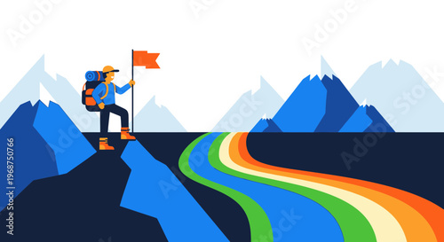 Summit Success The Adventurer Plants Flag After Challenging Mountain Journey