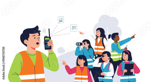 Team Communication And Observation With Walkie Talkie And Binoculars On Outdoors