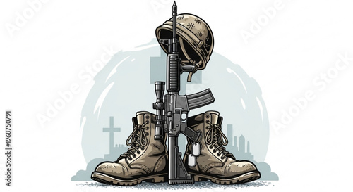 A solemn illustration of military gear including boots, rifle, and helmet, symbolizing sacrifice and remembrance.