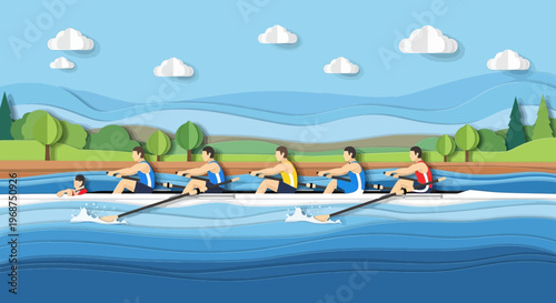 Team Rowing Race On Sunny Water With Green Trees And Clouds In Background