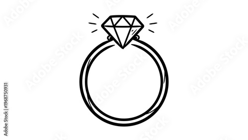 Minimalist black line vector icon of a diamond engagement ring on a white background, hand-drawn style outline illustration for wedding, marriage, jewelry, and luxury branding design projects.