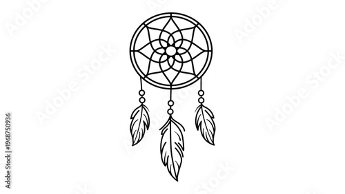Minimalist black line vector icon illustration of a traditional dreamcatcher featuring a geometric floral web and three hanging feathers, isolated on white for boho design and spiritual themes.