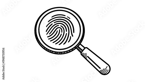 Minimalist hand-drawn black line vector icon illustration of a magnifying glass focusing on a fingerprint, symbolizing investigation, forensic search, and security, on a white background.