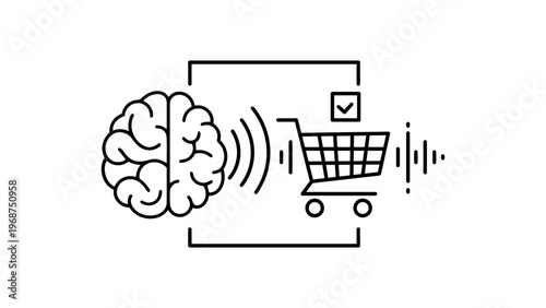 Neuromarketing concept vector icon illustration featuring a human brain sending signals to a shopping cart with a checkmark, minimalist black line art on white background for business and retail.