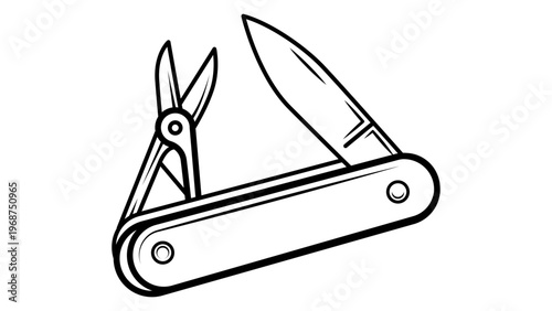 Minimalist hand-drawn black line vector icon illustration of a Swiss style multitool pocket knife with open blade and scissors, isolated on white background for versatile graphic design projects.