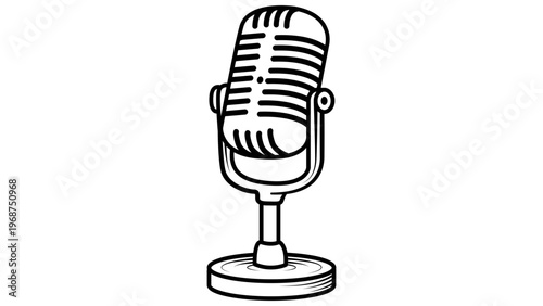 Vintage microphone vector icon illustration, a minimalist black line drawing of a classic 1950s studio mic on a stand, perfect for podcasting, music, radio broadcasting, and vocal recording.