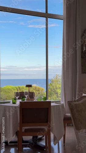 “Medium Shot of Restaurant Tables and Chairs With Wine 4K Ultra HD Video, Elegant Dining Setup With Scenic View, Outdoor or Indoor Restaurant Ambiance, Relaxing Lifestyle and Culinary Footage