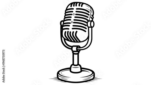 Vintage retro microphone vector illustration, minimalist black line art icon of a classic 1950s style studio mic on white background, hand-drawn scalable graphic for podcasting and music.