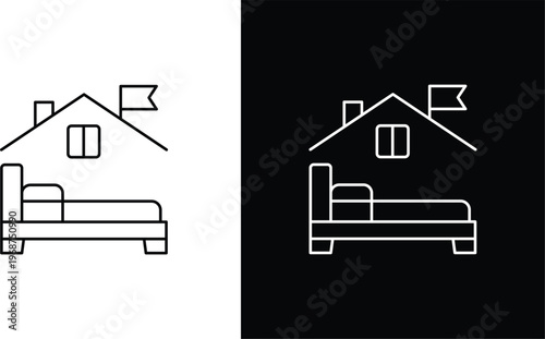 Hotel icon minimalist line art with bed and roof, Accommodation symbol outline vector graphics for travel, Guest house bed and breakfast sign design elements. Editable stroke.