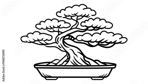Minimalist black line vector icon of a bonsai tree in a ceramic pot, hand-drawn illustration on a white background representing Japanese culture, nature, zen, and careful gardening art. Scalable SVG.