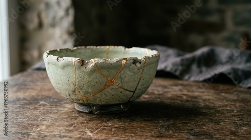 A rustic, cracked ceramic bowl with kintsugi gold repair sits on a wooden table, bathed in soft light, evoking a sense of wabi-sabi imperfection.