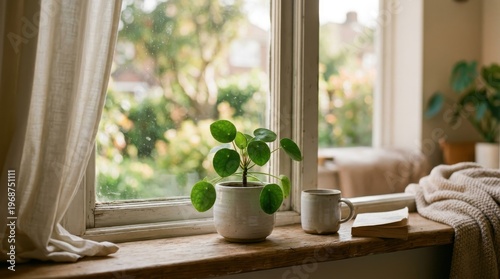 A small pilea plant sits on a windowsill next to a mug and book, bathed in soft natural light, creating a peaceful and cozy atmosphere with a blurred green garden background.