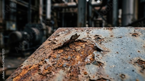Close-up of weathered, rusty metal surface with peeling paint, showing decay and industrial decline in a dark, moody factory background.
