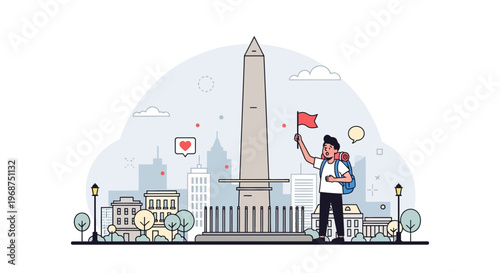 Solo Traveler Celebrates Arrival At Iconic Monument Destination With Flag