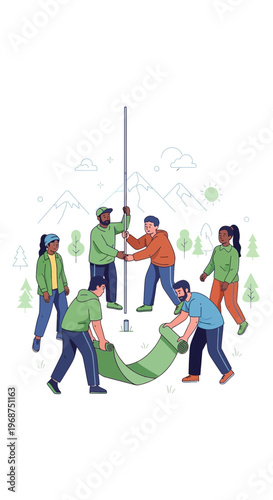 Teamwork Assembling A Tent Or Flagpole In An Outdoor Setting With Mountains
