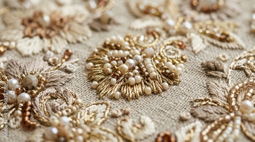 Intricate gold and pearl embroidery adorns a textured linen fabric with a soft, warm, and elegant mood, captured in a close-up macro shot.