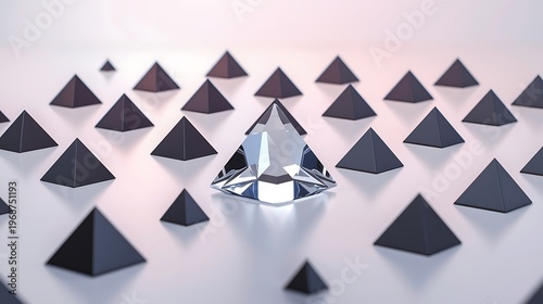 AI Generative Shimmering Crystal Embellished Centerpiece with Surrounding Black Pyramids