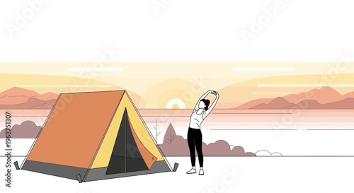 Sunrise Stretch By Tent In Serene Mountain Landscape