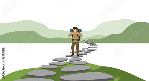 Solo Trekker Navigates Stone Path Through Serene Landscape