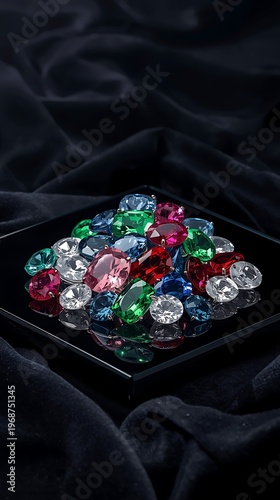 AI Generative Sparkling Multi-Colored Gemstones and Crystals on Black Velvet Background