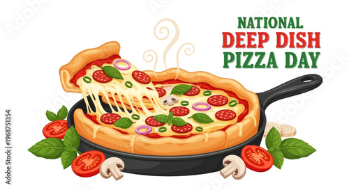 A festive vector illustration announces National Deep Dish Pizza Day with a banner-style design, showcasing a skillet pizza with melted cheese, vegetables, and herbs, set against a bright