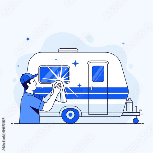 Sparkling Clean Camper Trailer Being Detailed By Dedicated Professional Cleaner