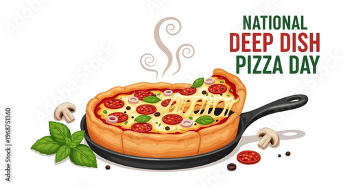 A vector illustration celebrates National Deep Dish Pizza Day with a cheesy pizza in a skillet, featuring fresh vegetables and melted cheese, set against a clean white background