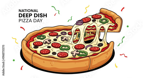A colorful vector illustration celebrates National Deep Dish Pizza Day, showcasing a loaded deep dish pizza with melted cheese and various vegetables, set against a clean white background
