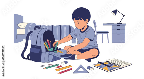 Flat style vector illustration of children organizing school supplies and backpacks, preparing for study and back to school season with education readiness concept