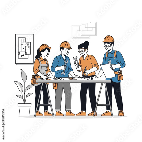 Teamwork In Construction Planning Blueprints Engineering Design