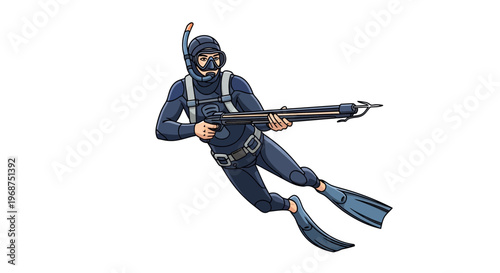 Spearfisherman Underwater Hunter Illustration Action Pose