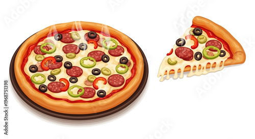A colorful vector illustration celebrates National Deep Dish Pizza Day, showcasing a whole pizza and a slice with melted cheese, bell peppers, olives, and pepperoni against a clean white