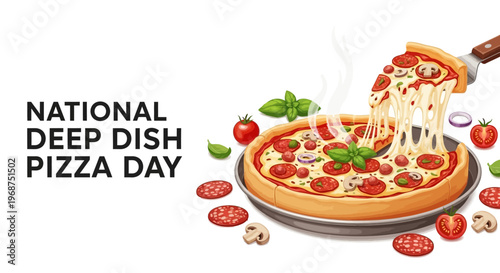 A celebratory illustration announces National Deep Dish Pizza Day, featuring a cheesy, melted deep-dish pizza, complete with vegetables and pepperoni, presented as a colorful vector design