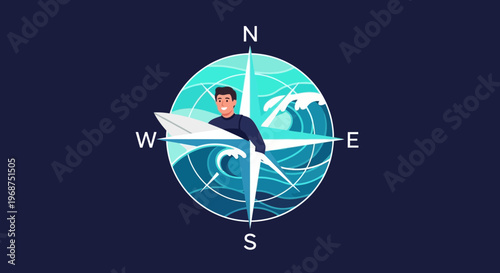 Surfer Navigating Ocean Waves With Compass Rose Illustration