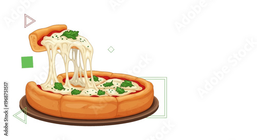 A vibrant vector illustration celebrates National Deep Dish Pizza Day, showcasing a cheesy deep dish pizza with melted cheese and basil, presented in a colorful design suitable for a banner