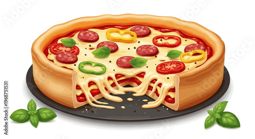 Detailed vector illustration for National Deep Dish Pizza Day featuring a savory pie with melted cheese, pepperoni, basil, peppers, and tomatoes, set on a black plate against a clean white